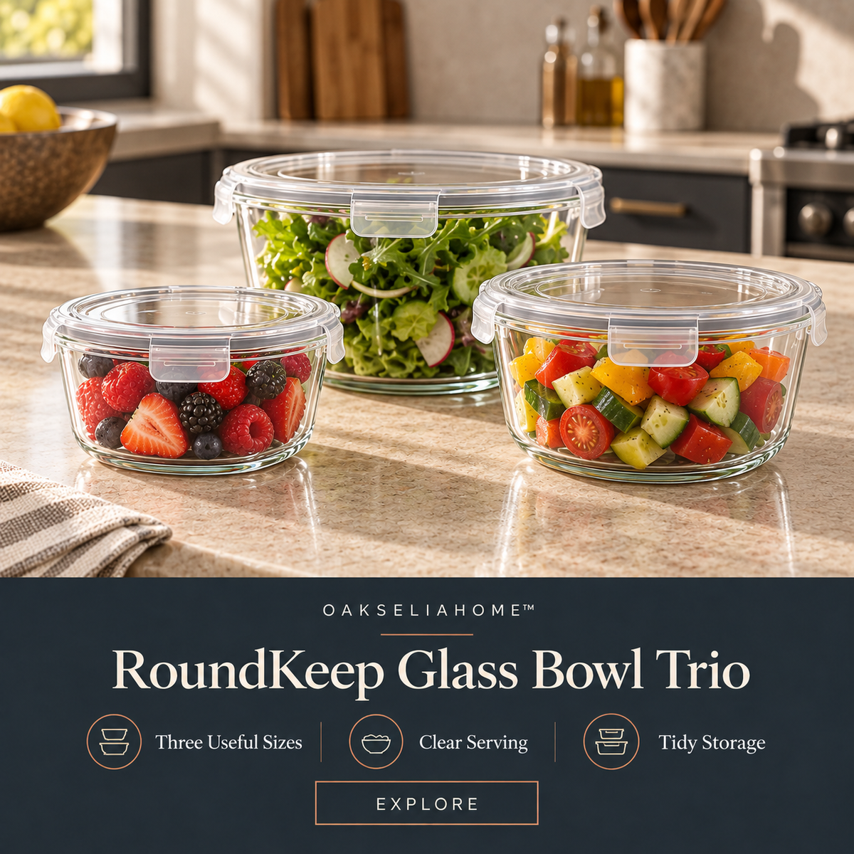 RoundKeep Lidded Glass Bowl Trio