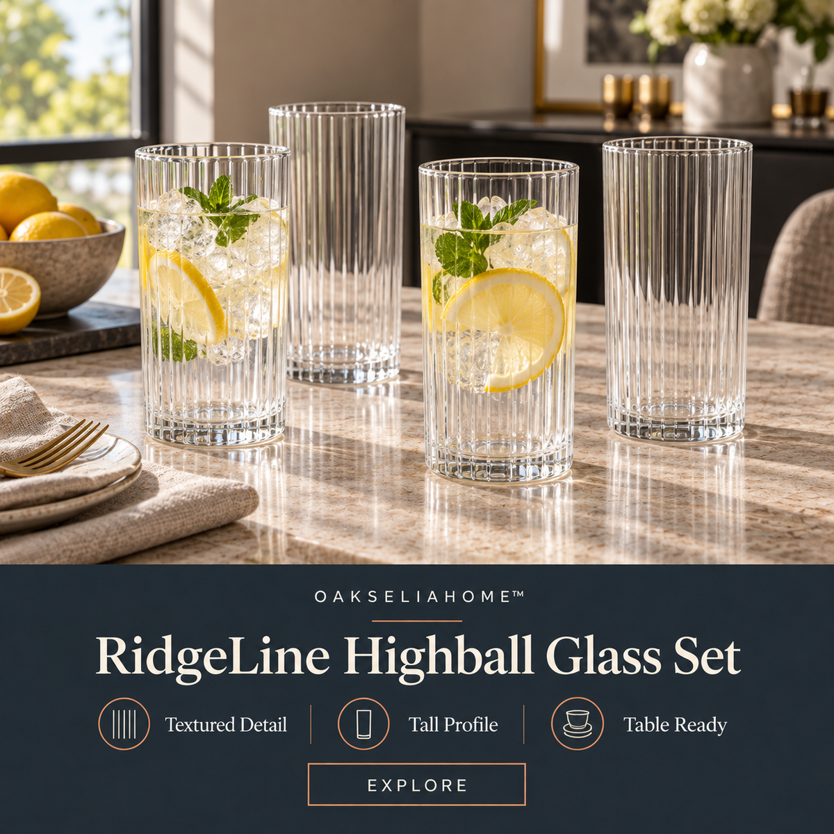 OAKSELIAHOME™ RidgeLine Highball Glass Set